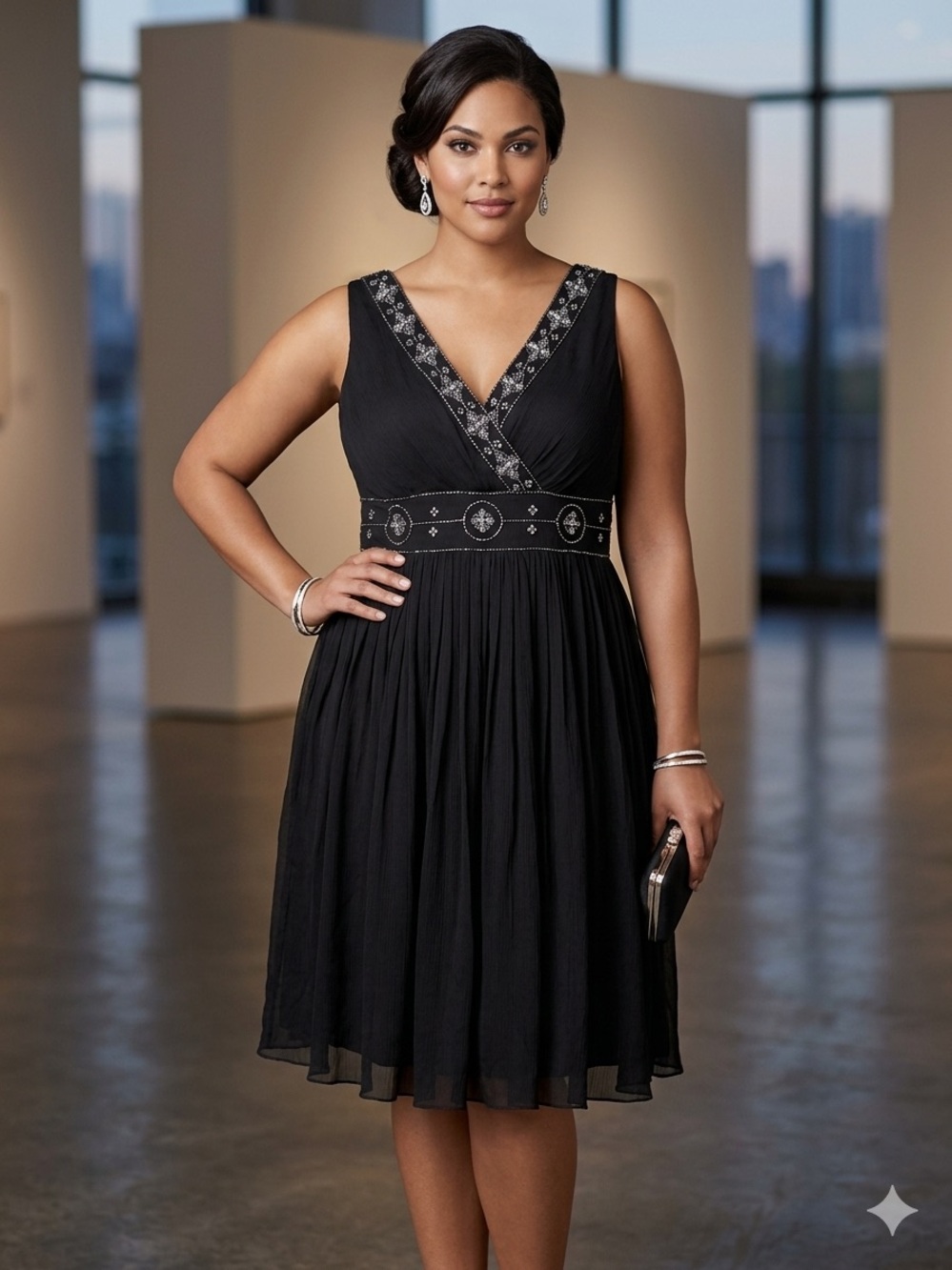 Women’s‎ Elegant Newport News Black Embellished V-Neck Midi Dress Sz 16